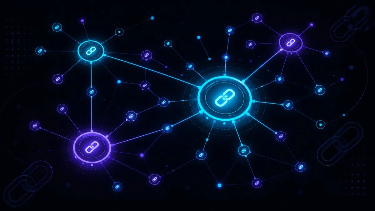 Rete di connessioni link tra siti web con nodi luminosi su sfondo scuro