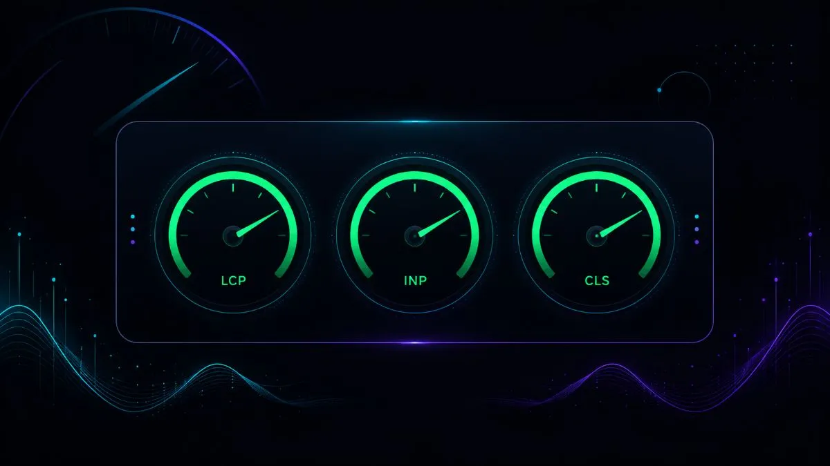 Dashboard con metriche Core Web Vitals LCP INP CLS su sfondo scuro con valori nel verde
