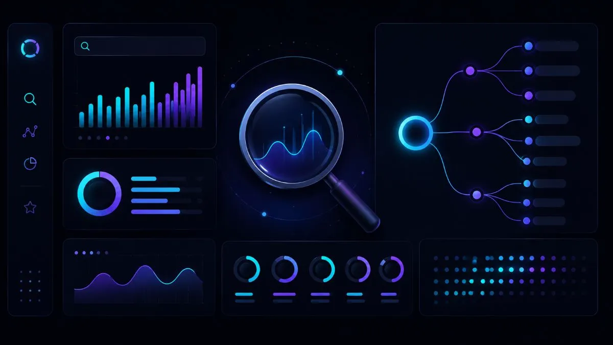 Dashboard keyword research con grafici volume ricerca e difficoltà su sfondo scuro