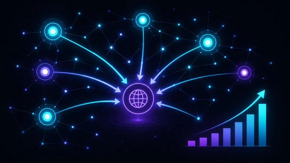 Link building strategie SEO 2026 — rete di backlink che puntano a un dominio centrale