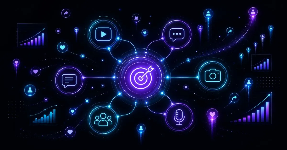 Strategia social media organica — piano editoriale multi-piattaforma con metriche di engagement