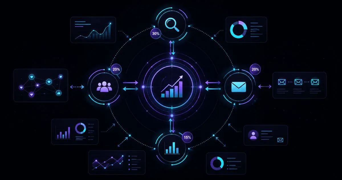 Strategia digitale PMI — lavagna con piano marketing digitale e canali interconnessi